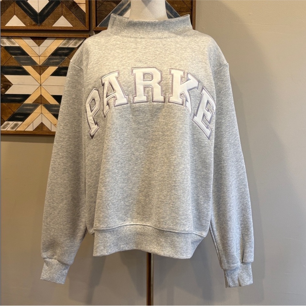 PARKE Fleece Varsity Mockneck in Metallic Grey + White size S/M NEW